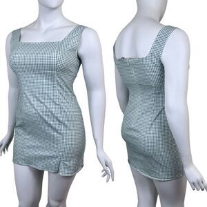 Lulus Happy Chance Women Size XL Green Gingham Square Neck Mini NEW Y2K Dress